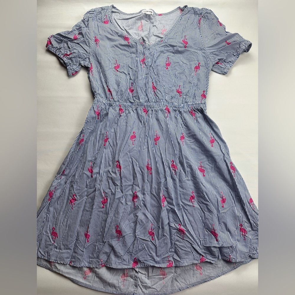 Chloe + Rene blue/white striped dress, Pink Flamingo Print; open back. Size XL